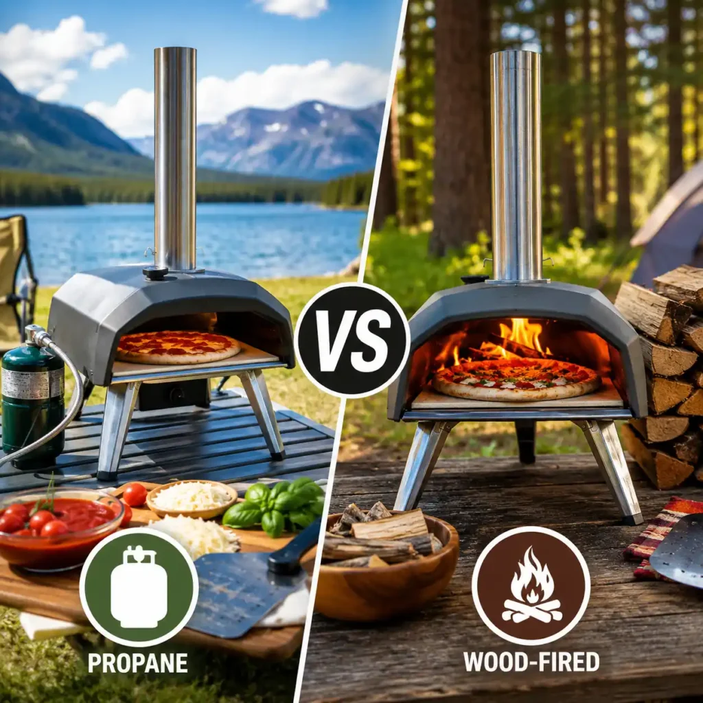 Propane and wood-fired pizza ovens used for outdoor camping cooking