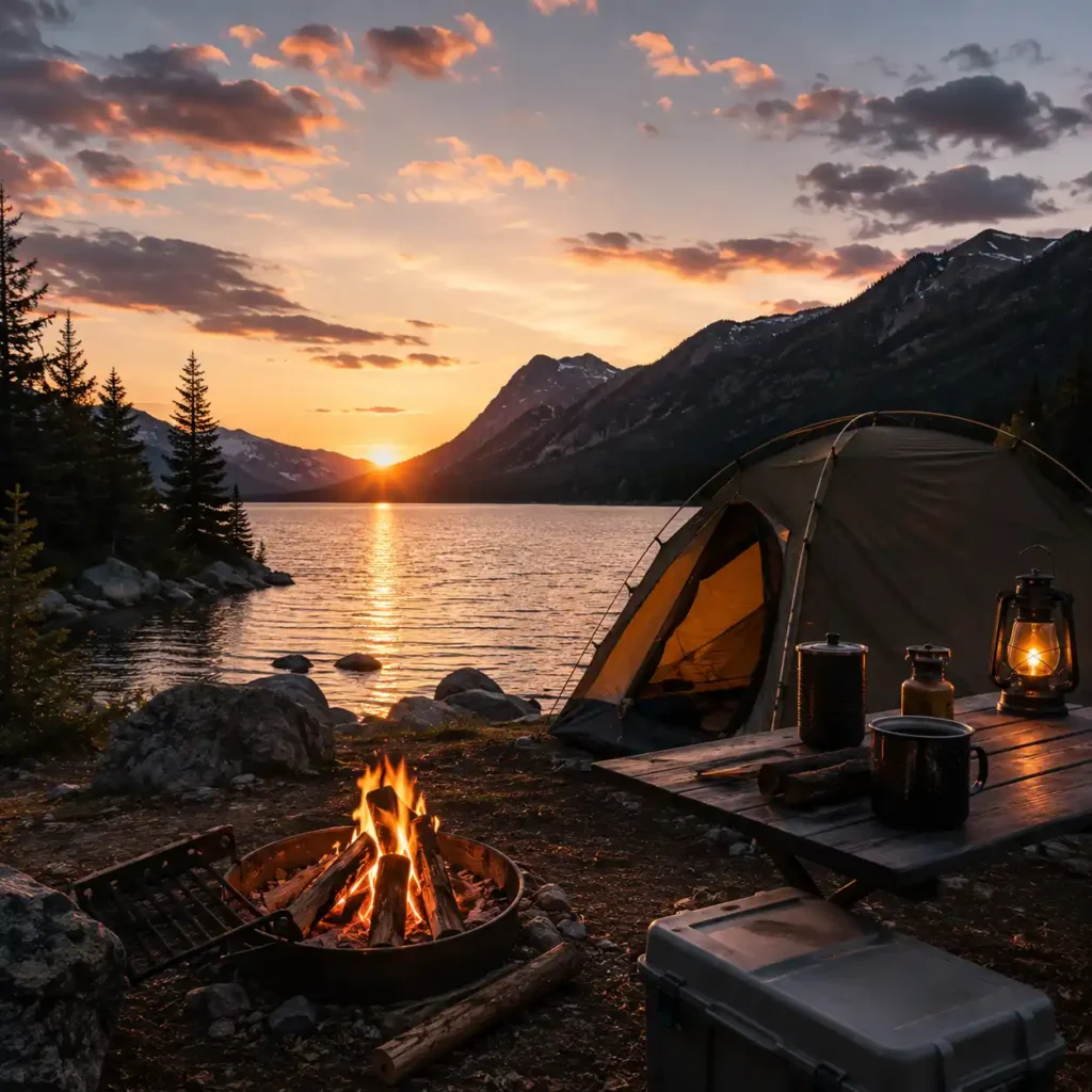 Peaceful lakeside campsite at sunset with a camping tent, campfire, lantern, and outdoor table, representing the responsible use of Camp Comfort Guide and its content.