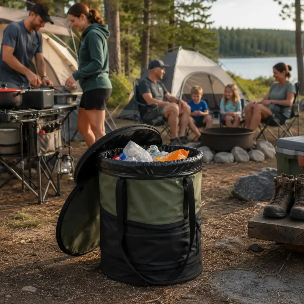 Campers using a portable camping trash can at an outdoor campsite