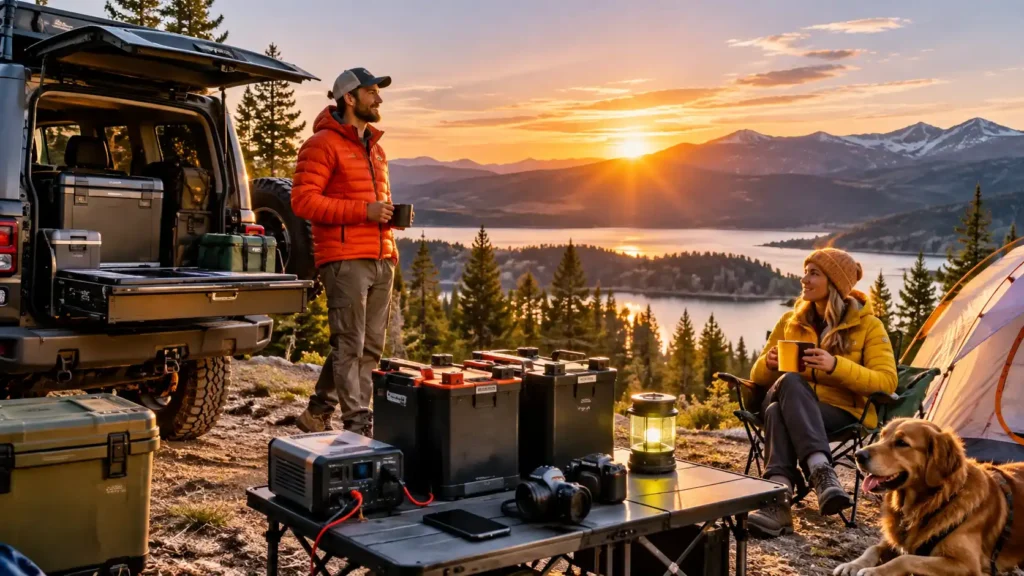 12V 100Ah LiFePO4 batteries for camping at an off-grid campsite with colorful camping gear, an SUV, and a mountain lake at sunset.