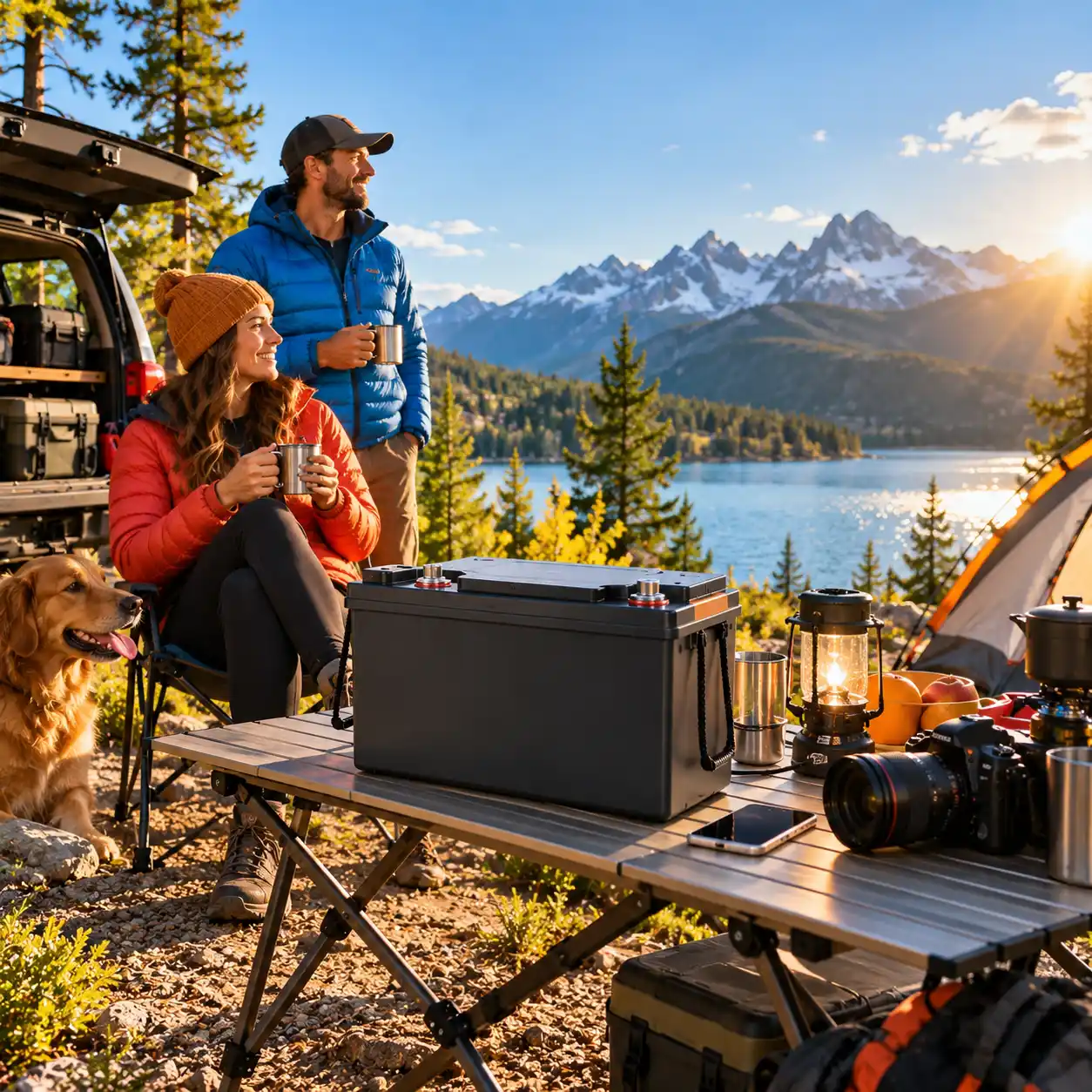 Couple enjoying a sunny lakeside camping trip with a 12V 100Ah LiFePO4 battery and camping gear