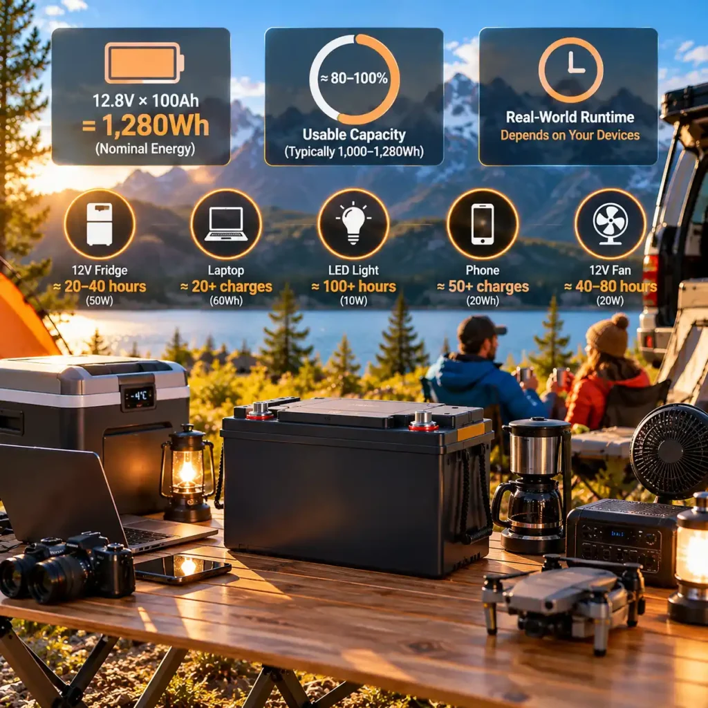 12V 100Ah LiFePO4 battery at a campsite with an infographic showing nominal energy, usable capacity, and estimated runtime for camping devices