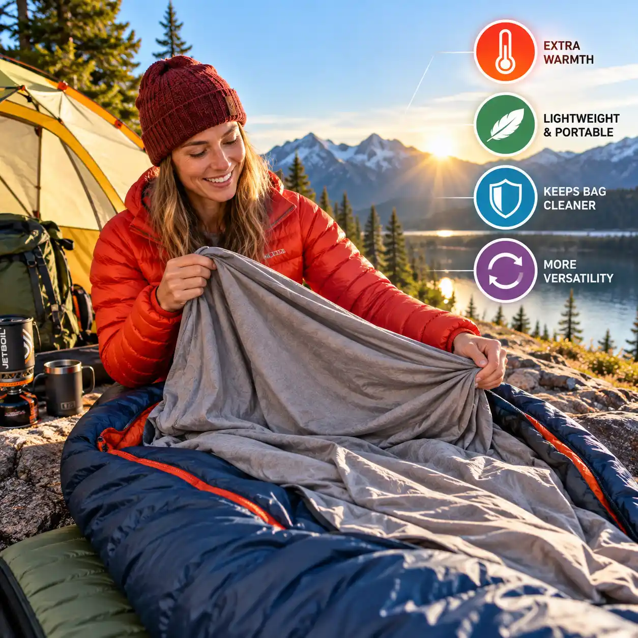 Camper using a sleeping bag liner for warmth comfort and clean camping