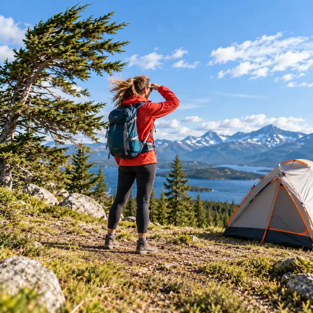 Camper assessing wind exposure at a mountain campsite