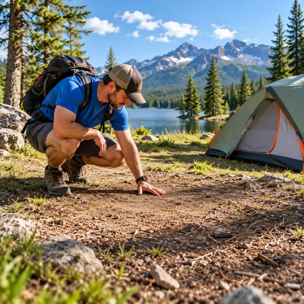 Camper checking the ground before setting up a tent