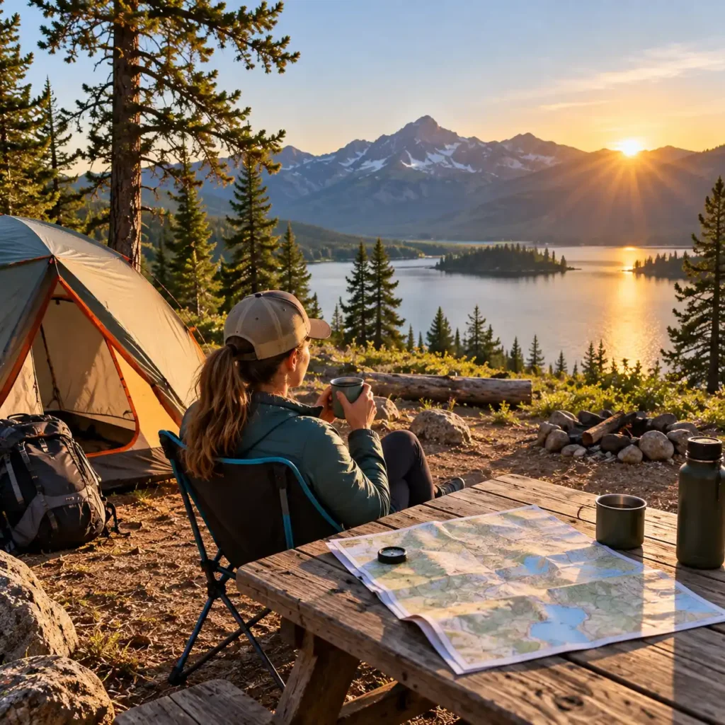 Camper checking a campsite in the early morning