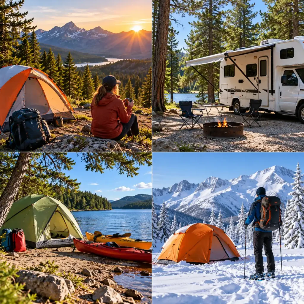Different camping setups in mountain, lakeside, RV, and winter campsites