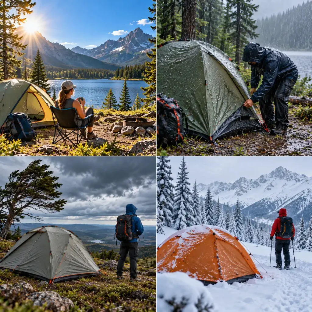 Campers choosing campsites in sunny rainy windy and snowy weather