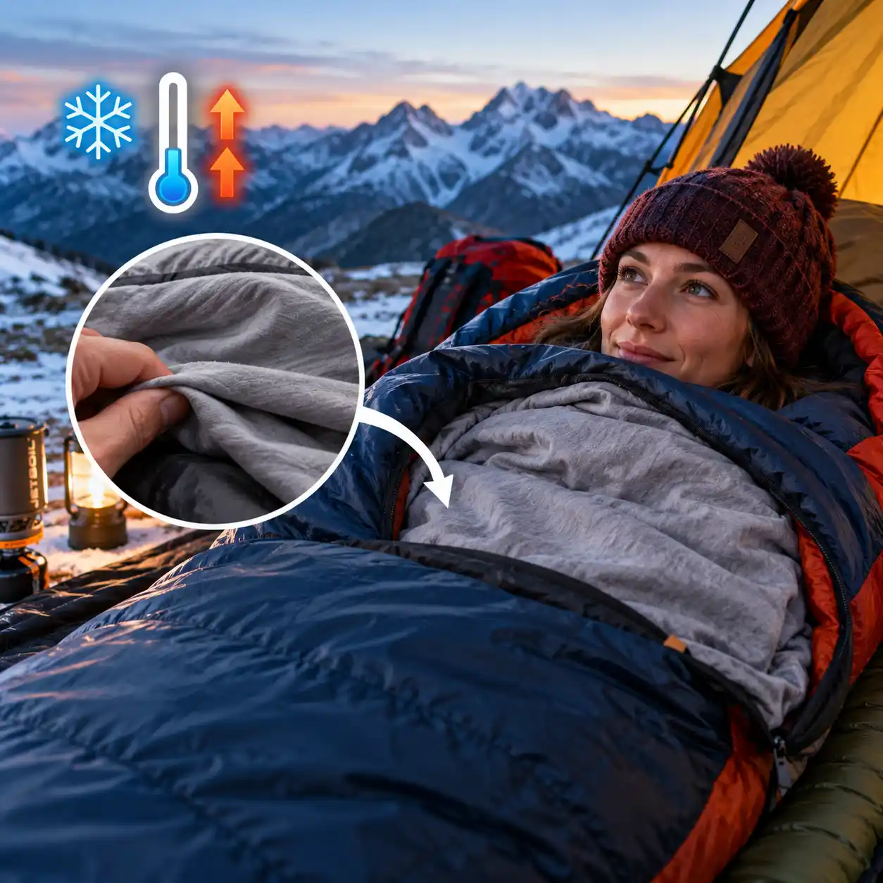 Camper using a sleeping bag liner to add warmth in cold weather