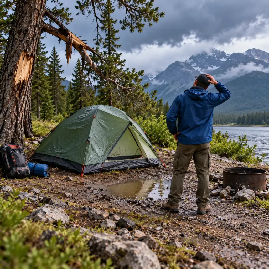 Camper dealing with common campsite selection mistakes