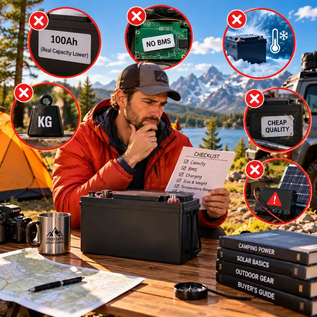 Camper reviewing a 12V battery and checklist of common buying mistakes, including capacity, BMS protection, cold-weather charging, weight, and build quality