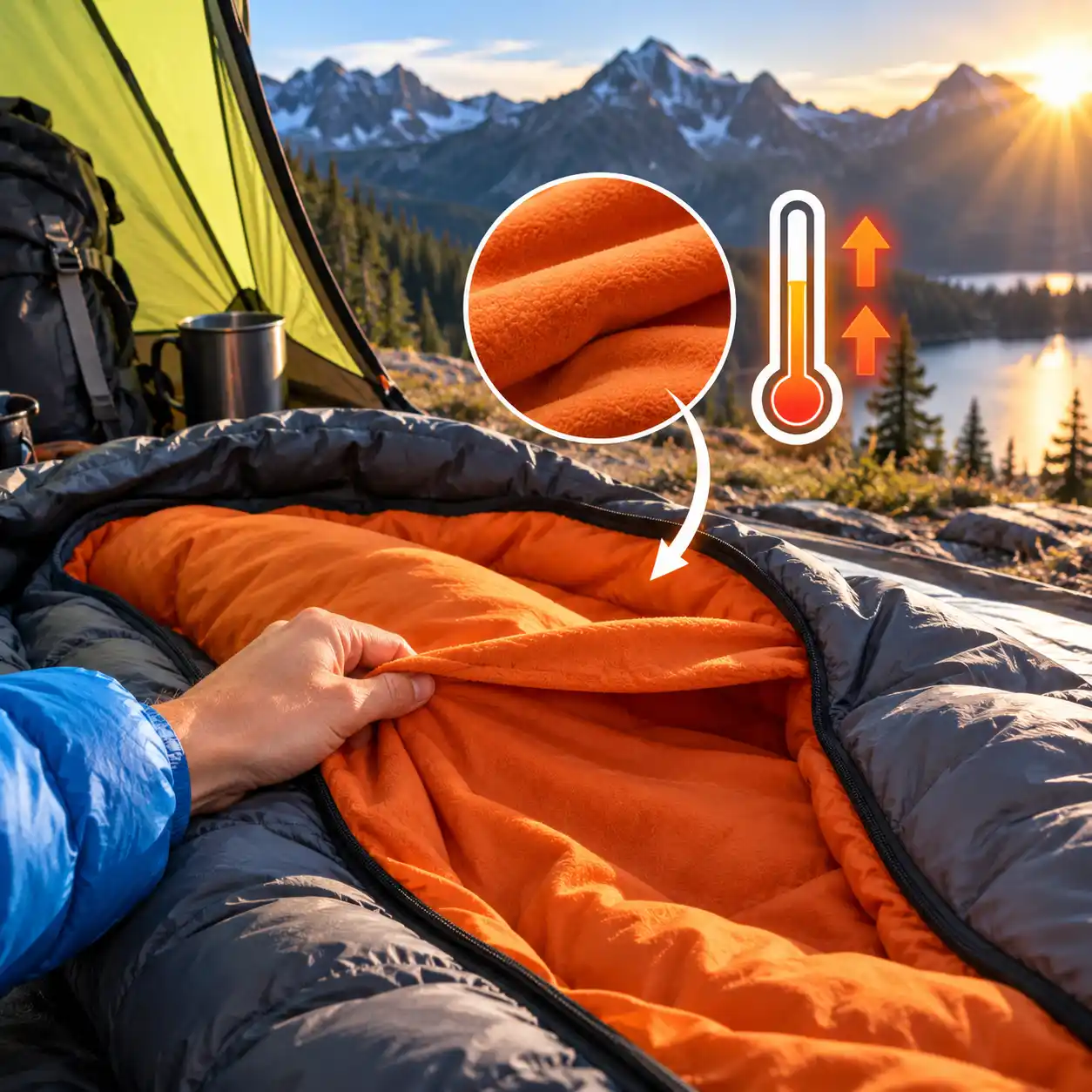 Thermal sleeping bag liner adding warmth inside a camping sleeping bag