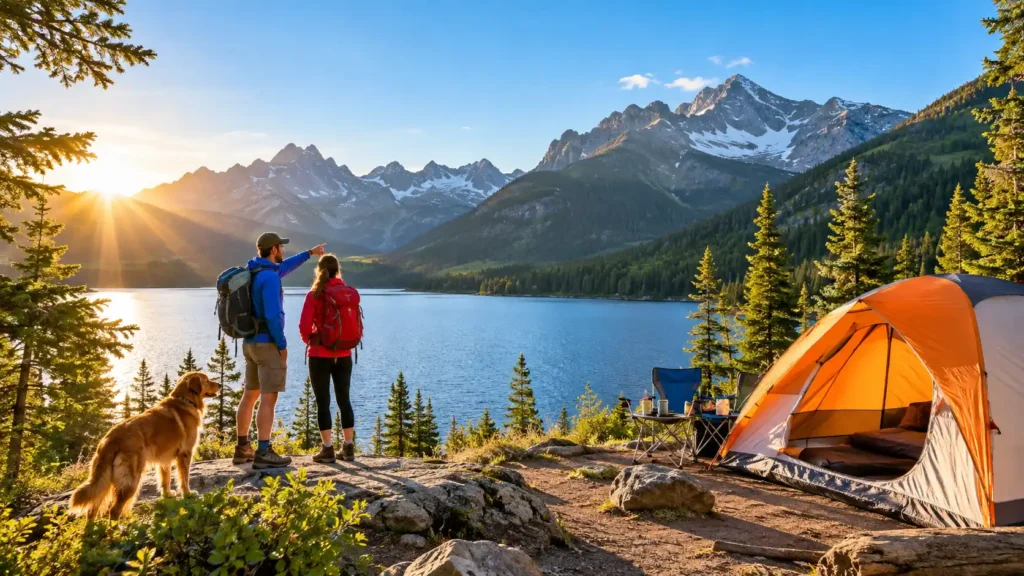 Campers choosing a sunny campsite in a mountain landscape