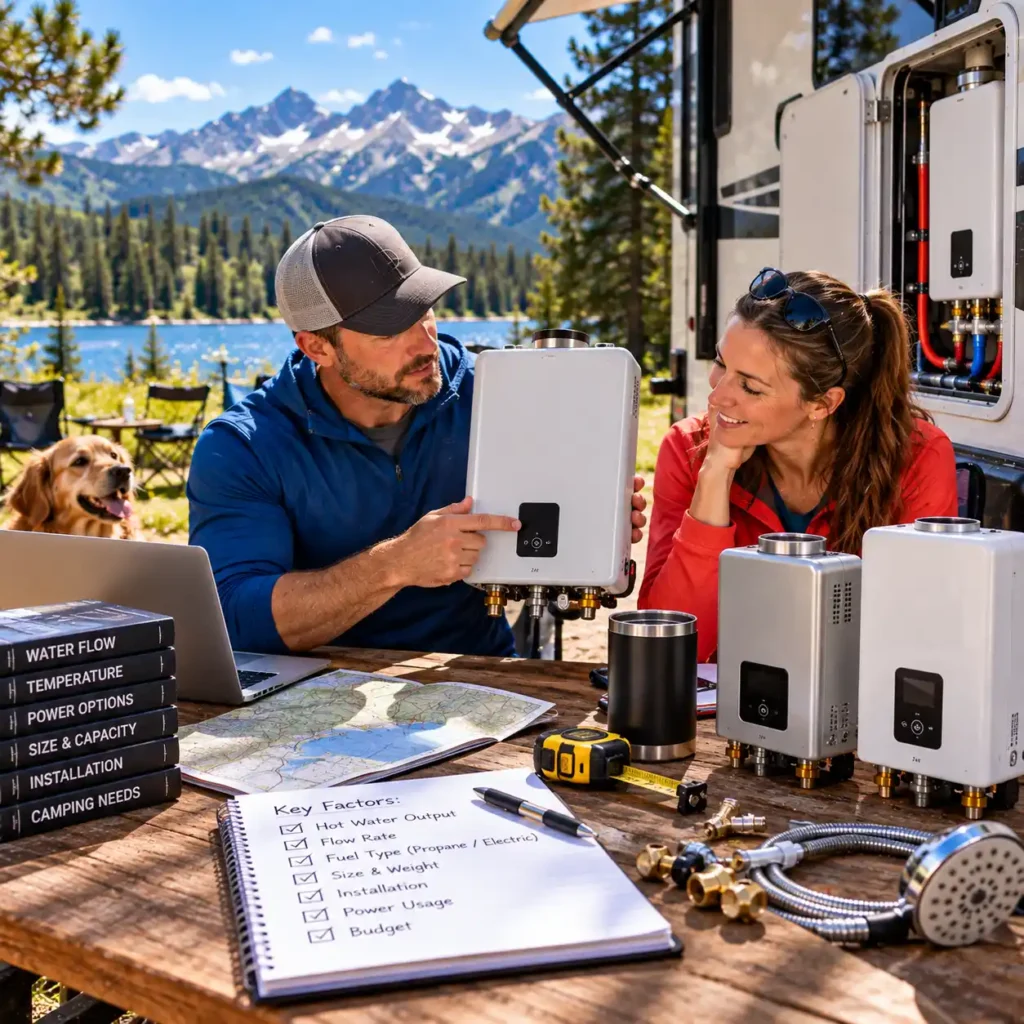 choosing an RV tankless water heater for camping based on flow temperature and installation