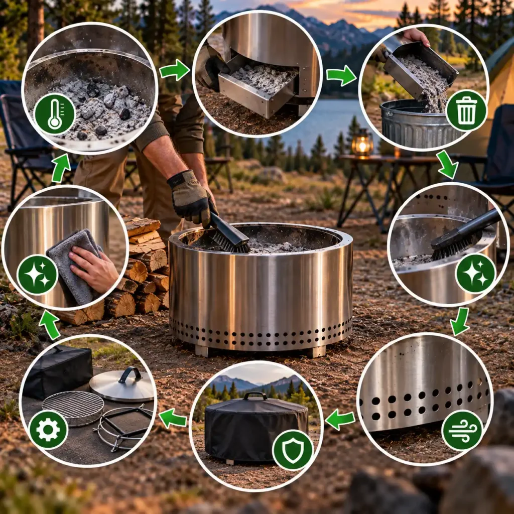 Cleaning and maintaining a wood-burning fire pit at a campsite