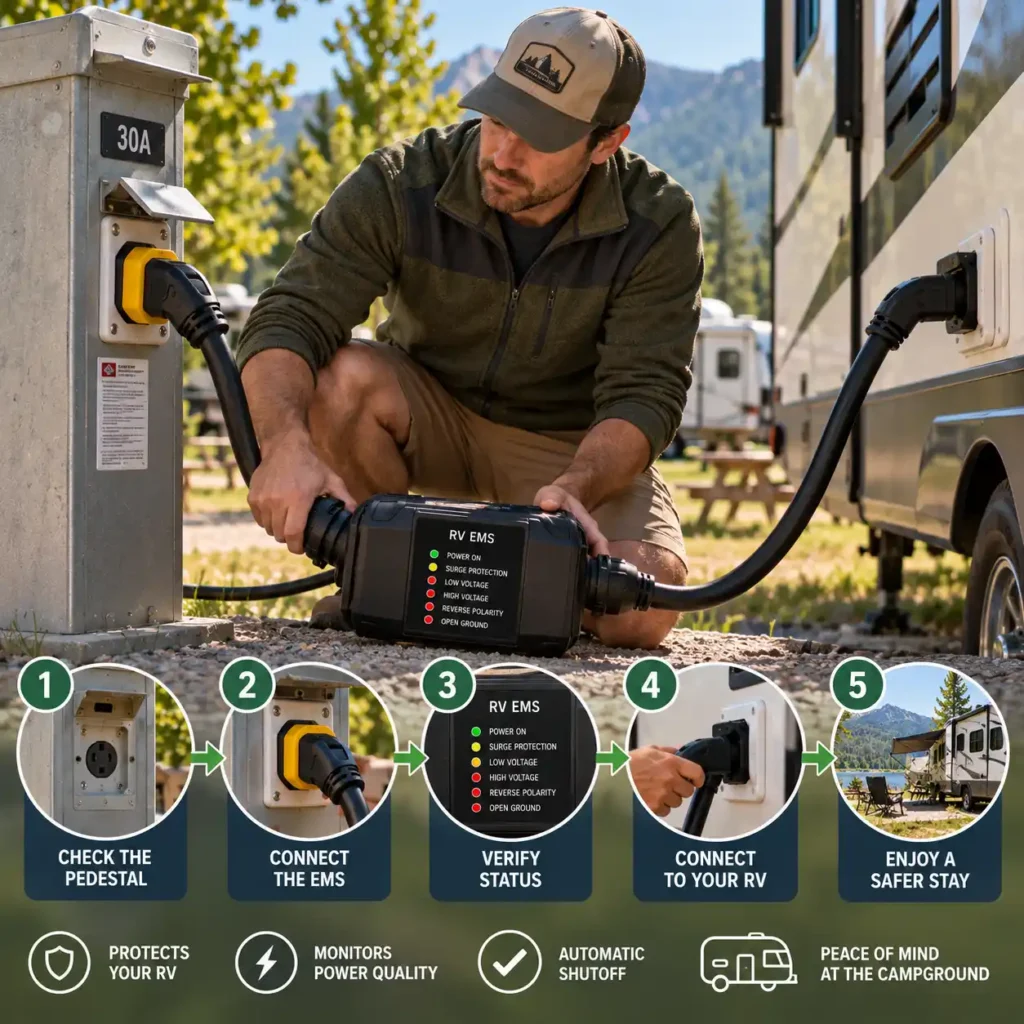 How to use an RV electrical management system safely at a campground