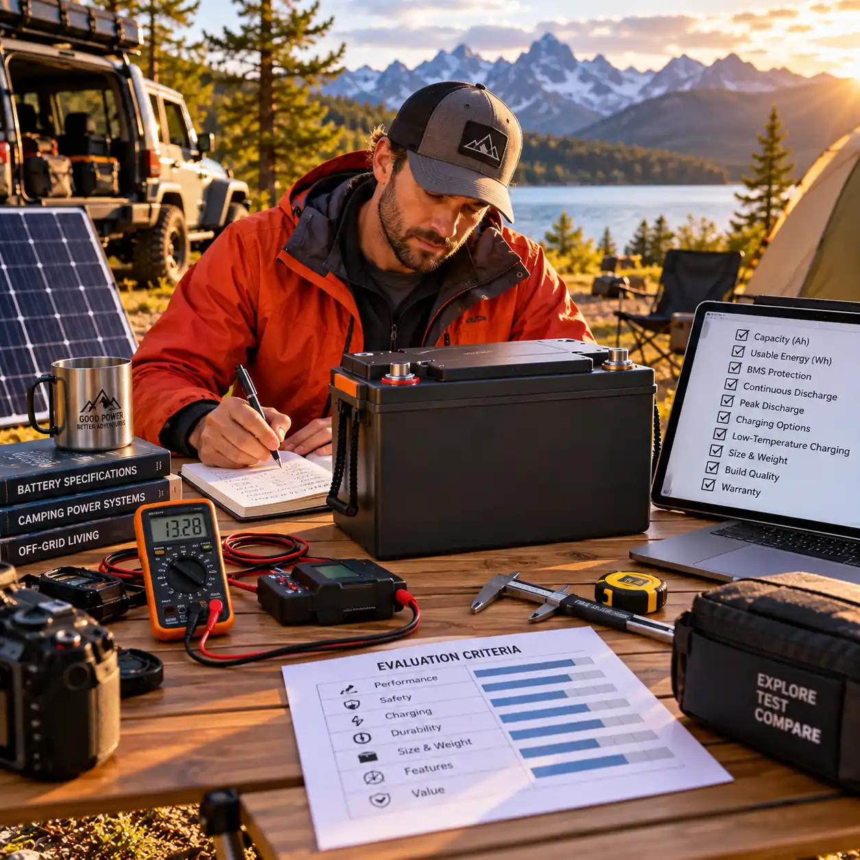 Outdoor reviewer evaluating a 12V 100Ah LiFePO4 battery with testing tools at a mountain campsite