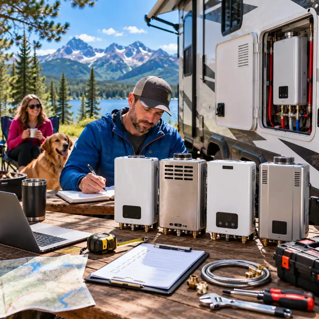 RV tankless water heaters compared at a campsite for performance and installation