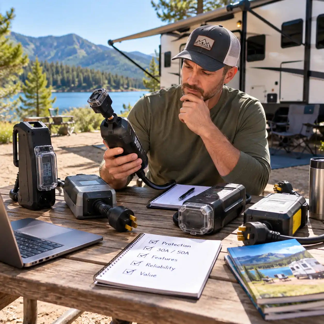 Comparing RV electrical management systems for camping at a lakeside RV campsite