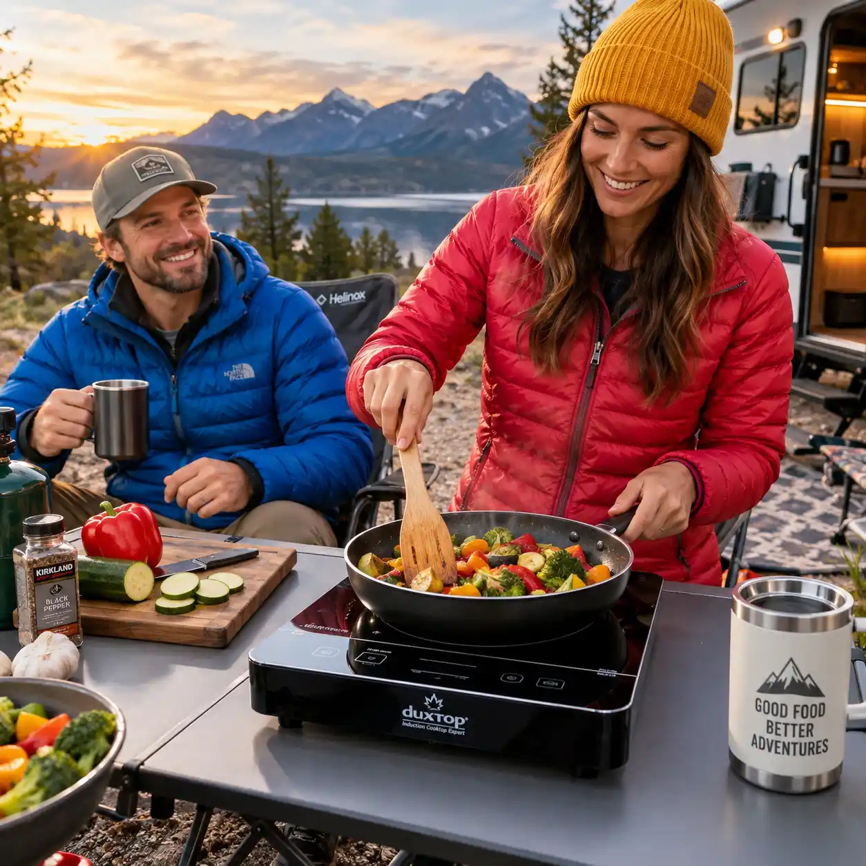 Portable induction cooktop used for camping near an RV and mountain lake