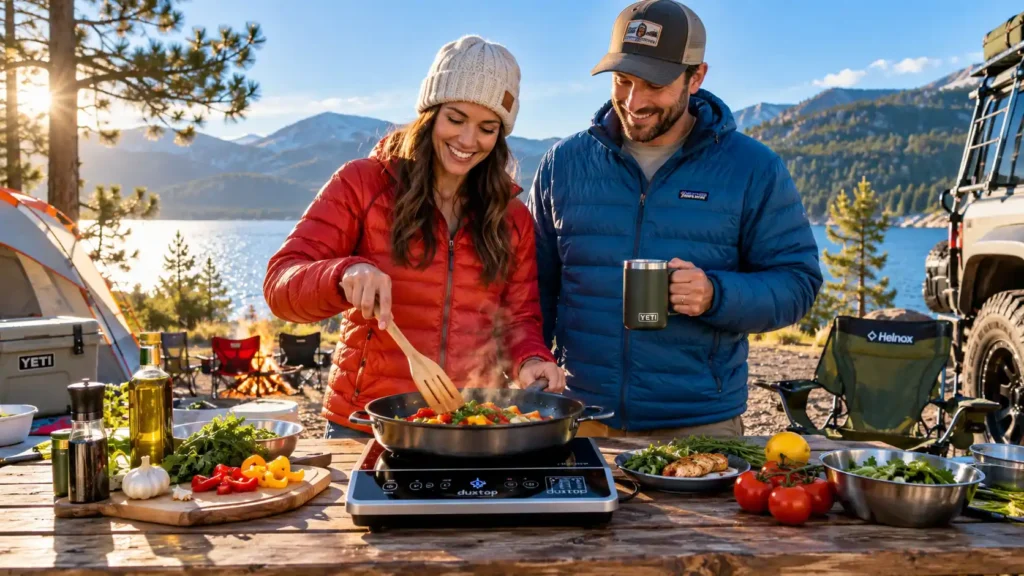 Portable induction cooktops for camping at a sunny lakeside campsite