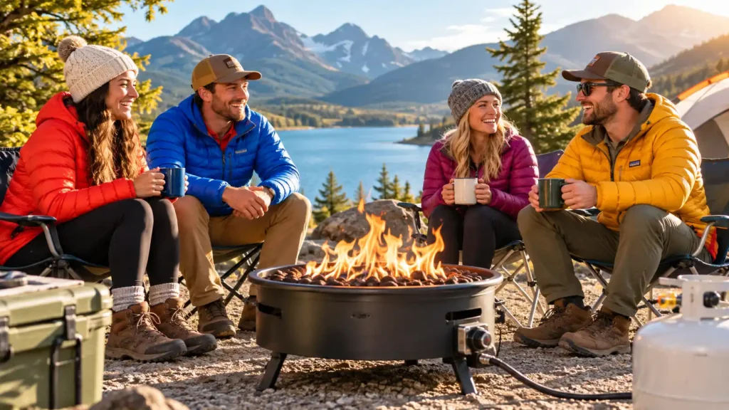 Friends gathered around a portable propane fire pit at a sunny lakeside campsite with mountains in the background