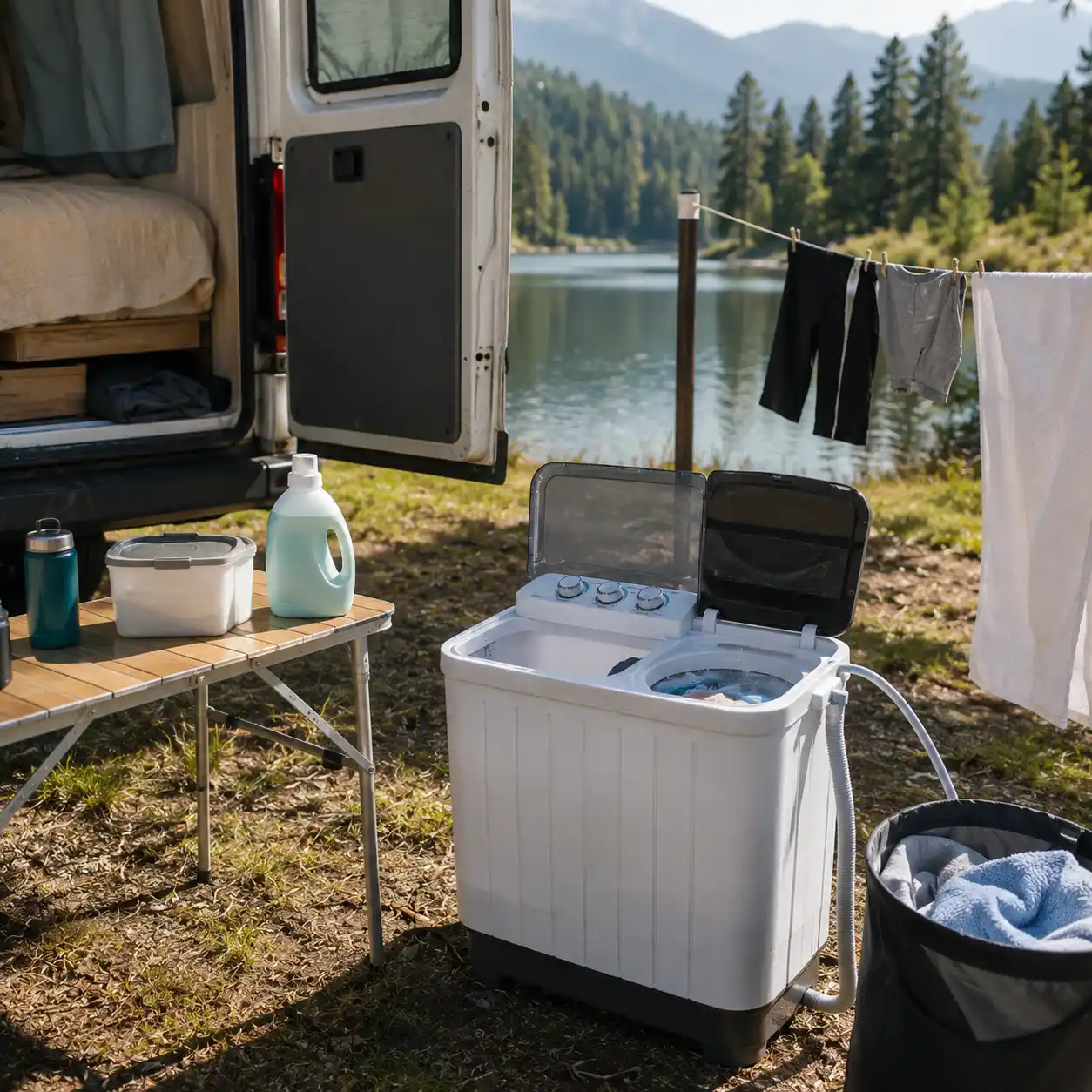 Portable twin-tub washing machine at a lakeside campsite