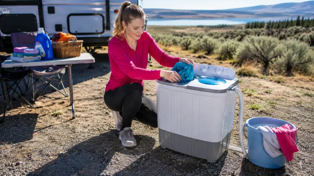 Woman using a portable washing machine while camping