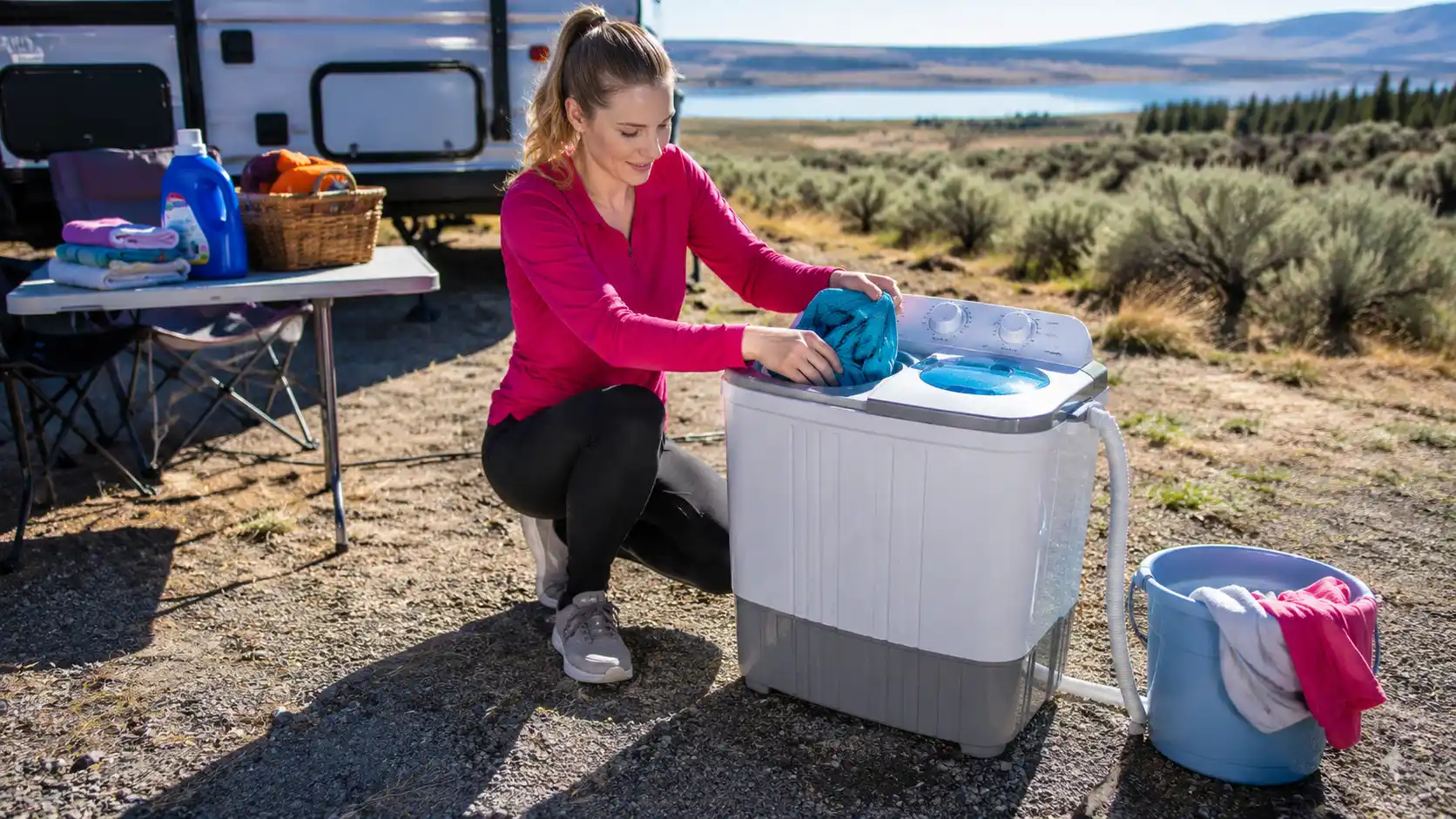 Woman using a portable washing machine while camping