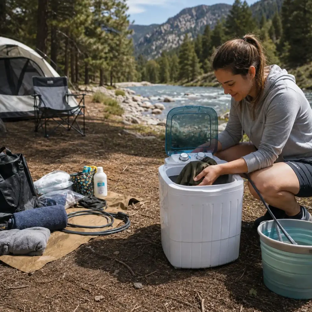Camper using a portable washing machine by a river