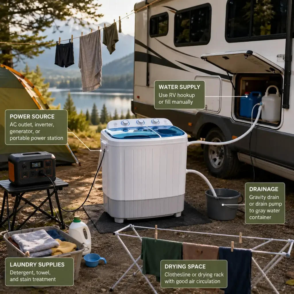Portable washing machine camping setup with water, power and drainage