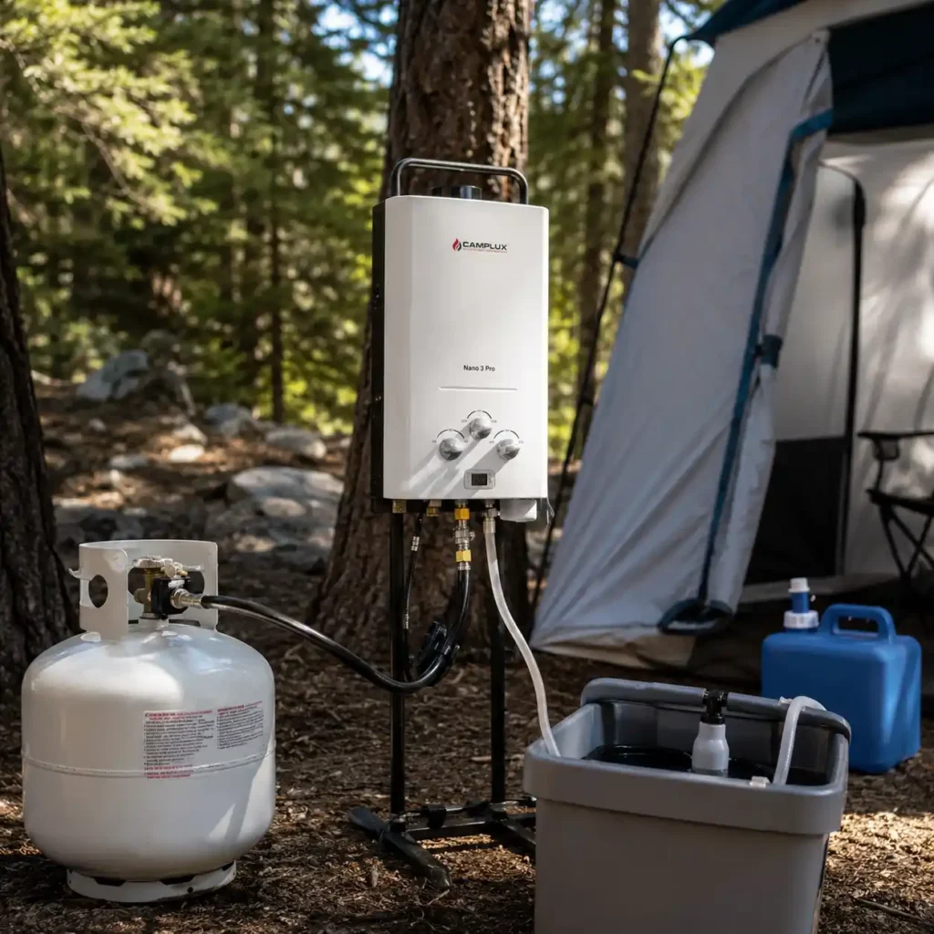 Portable water heater system with propane and water supply at a campsite