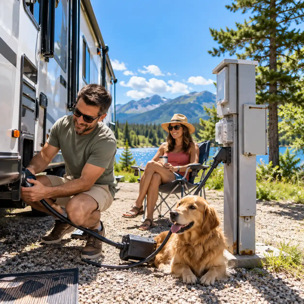 RV electrical management systems for camping at a sunny campground