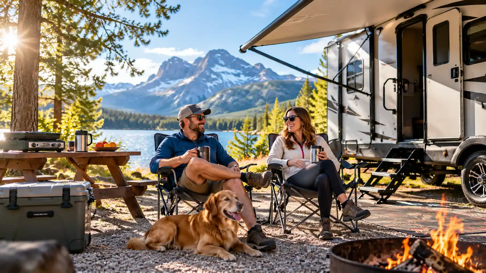 RV electrical management systems for camping at a sunny lakeside campground