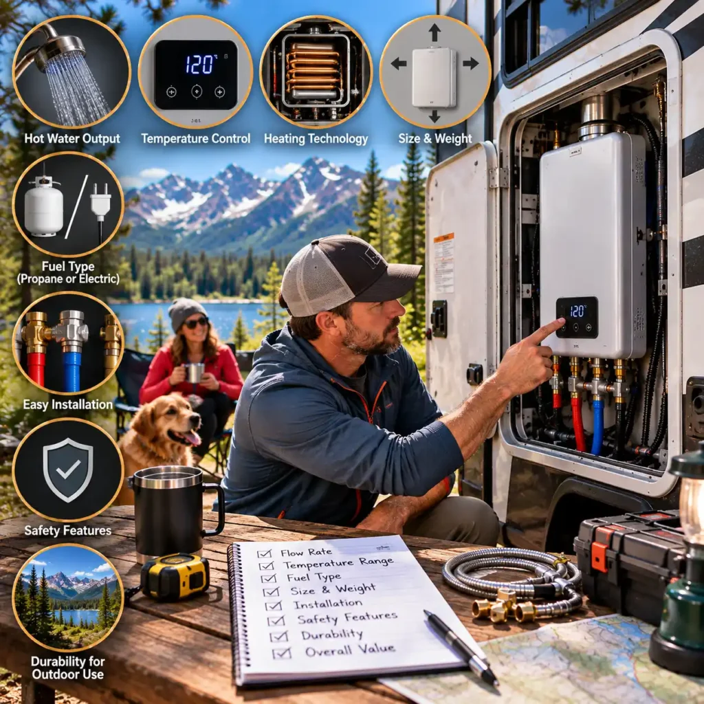 RV tankless water heater features including flow rate temperature control and safety