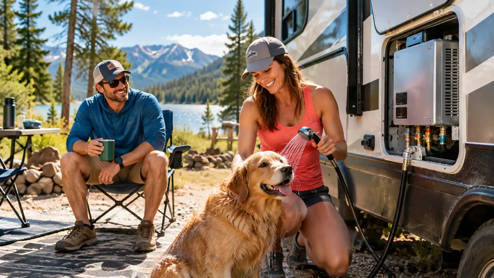 RV tankless water heater for camping at a sunny lakeside campsite