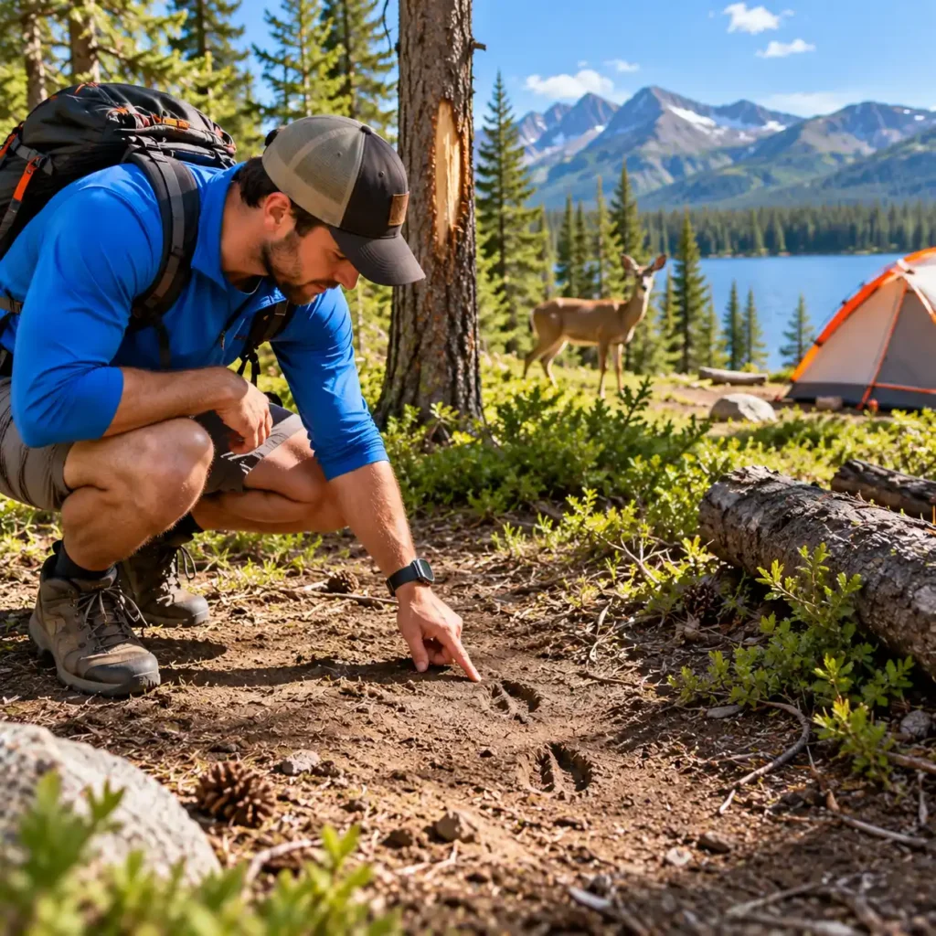 Camper checking for signs of wildlife around a campsite
