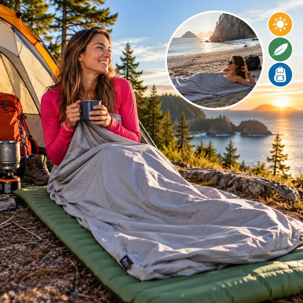 Camper using a sleeping bag liner for extra warmth and comfort