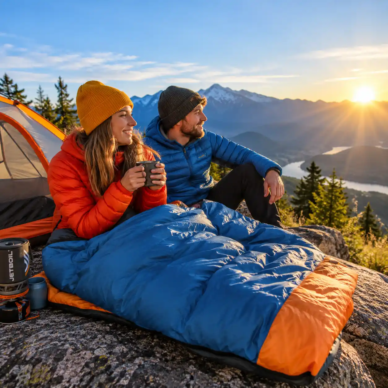 Campers using sleeping bag liners for extra warmth while camping
