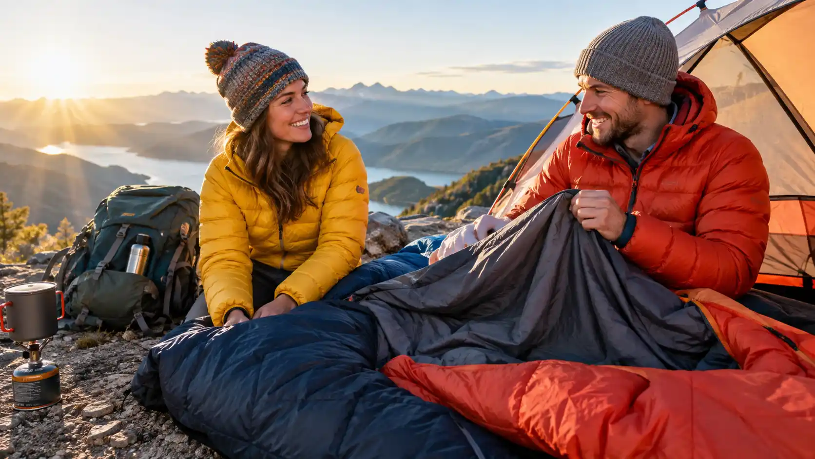 Campers using sleeping bag liners inside a tent in the mountains
