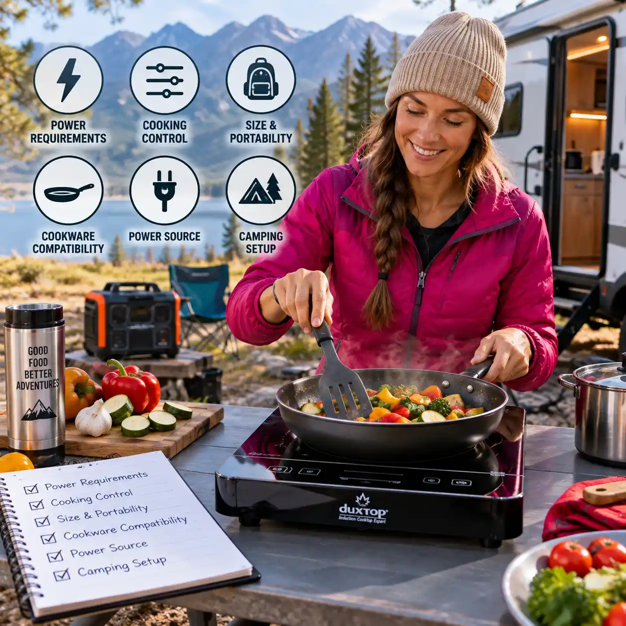 Portable induction cooktop for camping with key features for power and portability