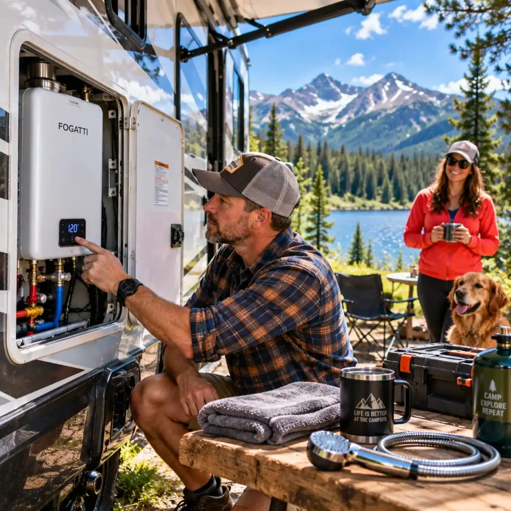 RV tankless water heater controls and installation at a sunny campsite