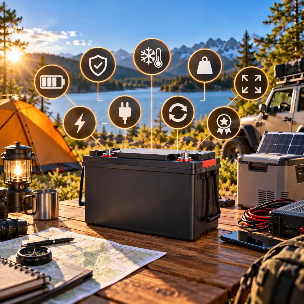 12V LiFePO4 battery with camping gear, solar panel, and icons representing safety, cold-weather performance, portability, and charging features