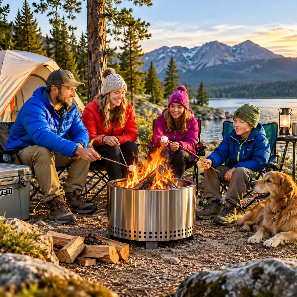 Family relaxing around a wood-burning fire pit at a scenic campsite
