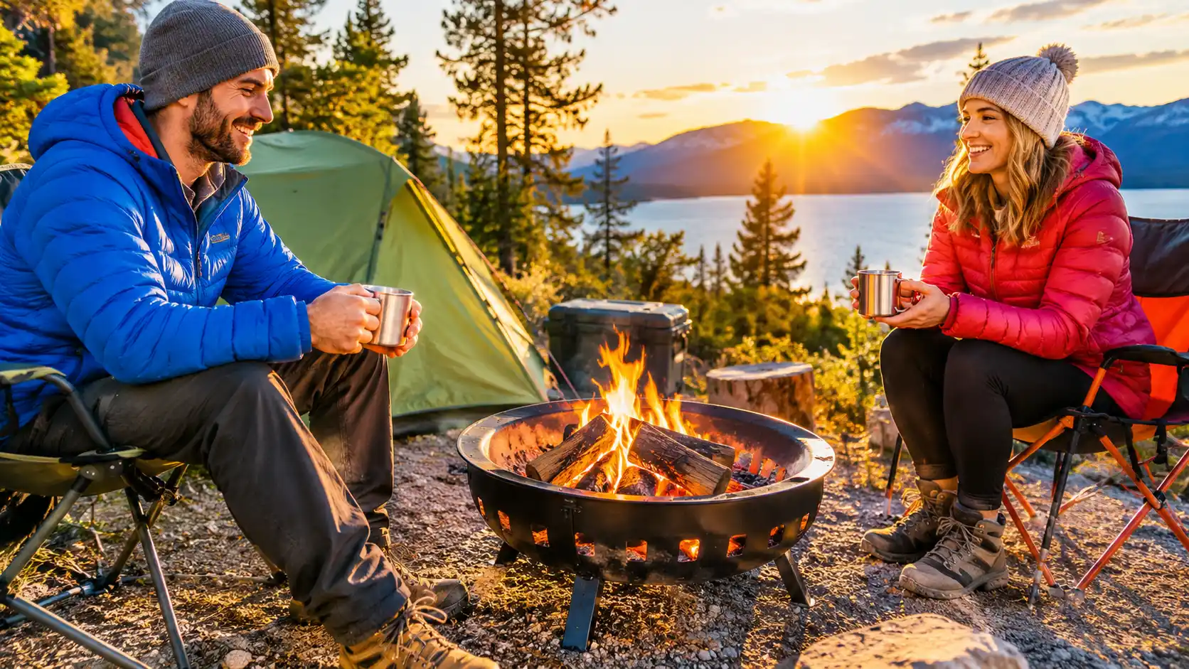Wood-burning fire pit at a scenic campsite by a mountain lake