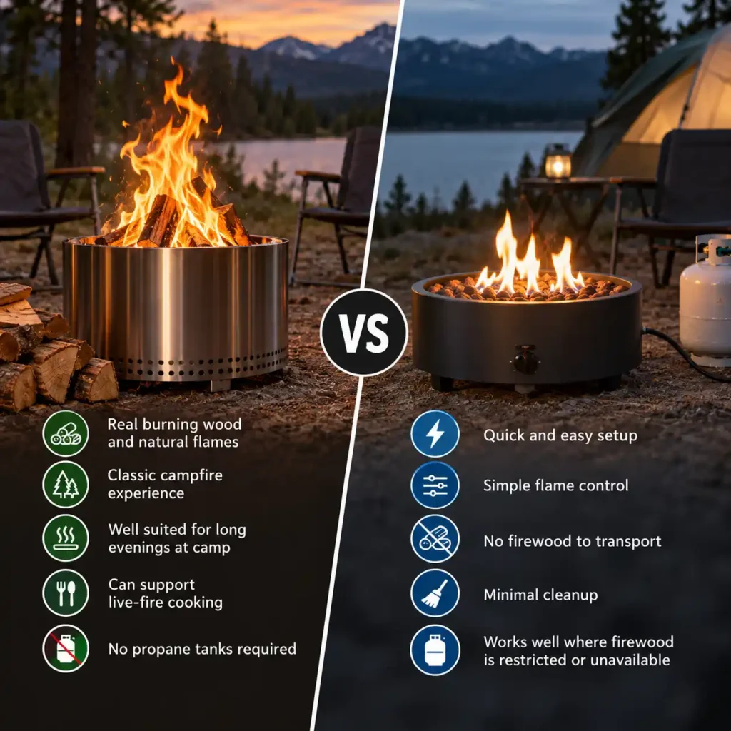 Wood-burning and propane fire pits compared at a lakeside campsite