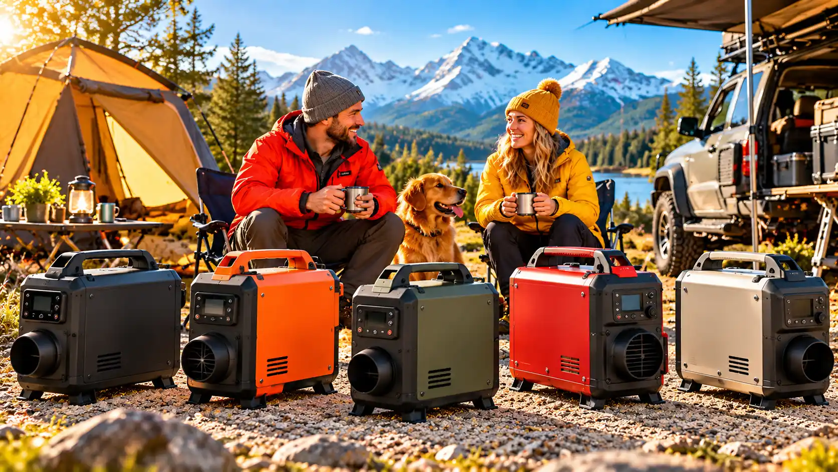 Five portable diesel heaters at a sunny overlanding campsite with a couple relaxing beside an off-road vehicle and tent.