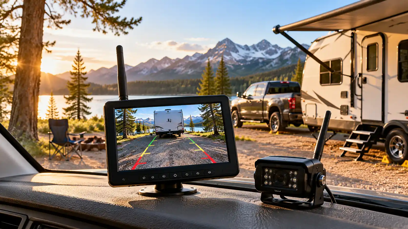 RV backup camera monitor and camera on a dashboard at a scenic lakeside campsite