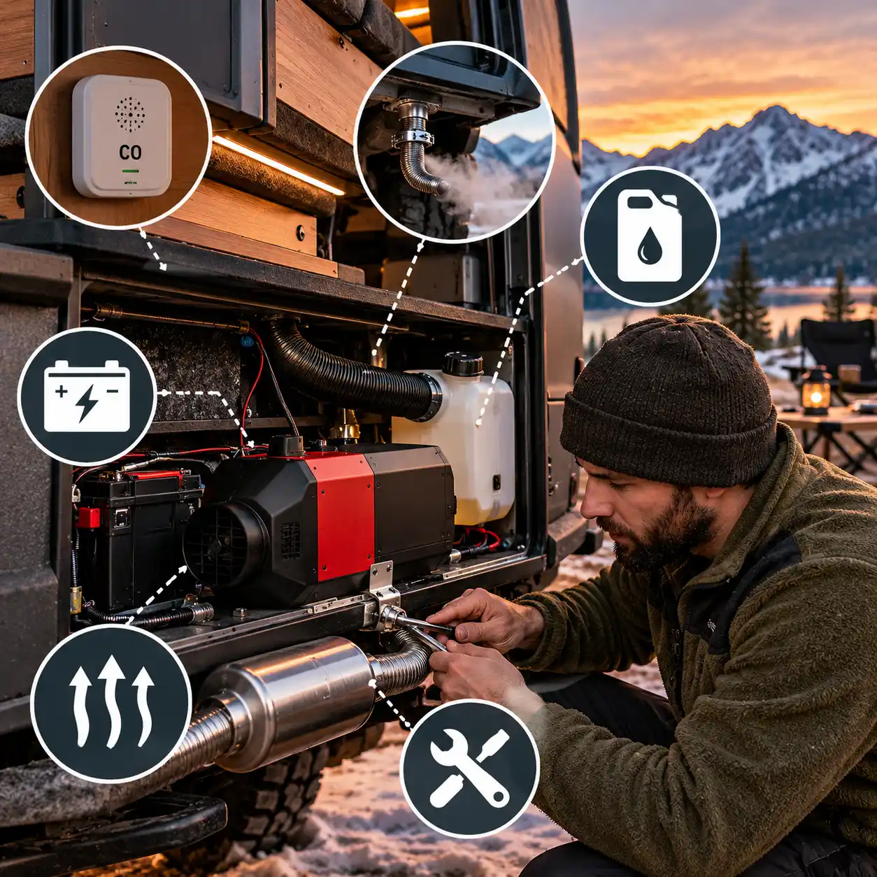 Diesel heater installation in an overlanding vehicle with exhaust routing, fuel lines, electrical connections, and a carbon monoxide alarm
