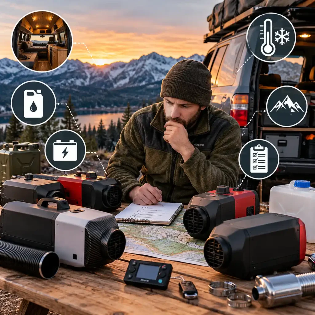 Choosing a portable diesel heater for overlanding by comparing heating output, fuel use, battery requirements, and cold-weather needs